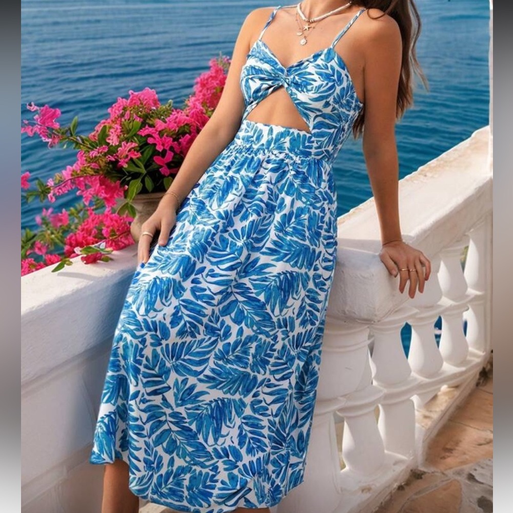 Blue Leaf Print Cutout Dress